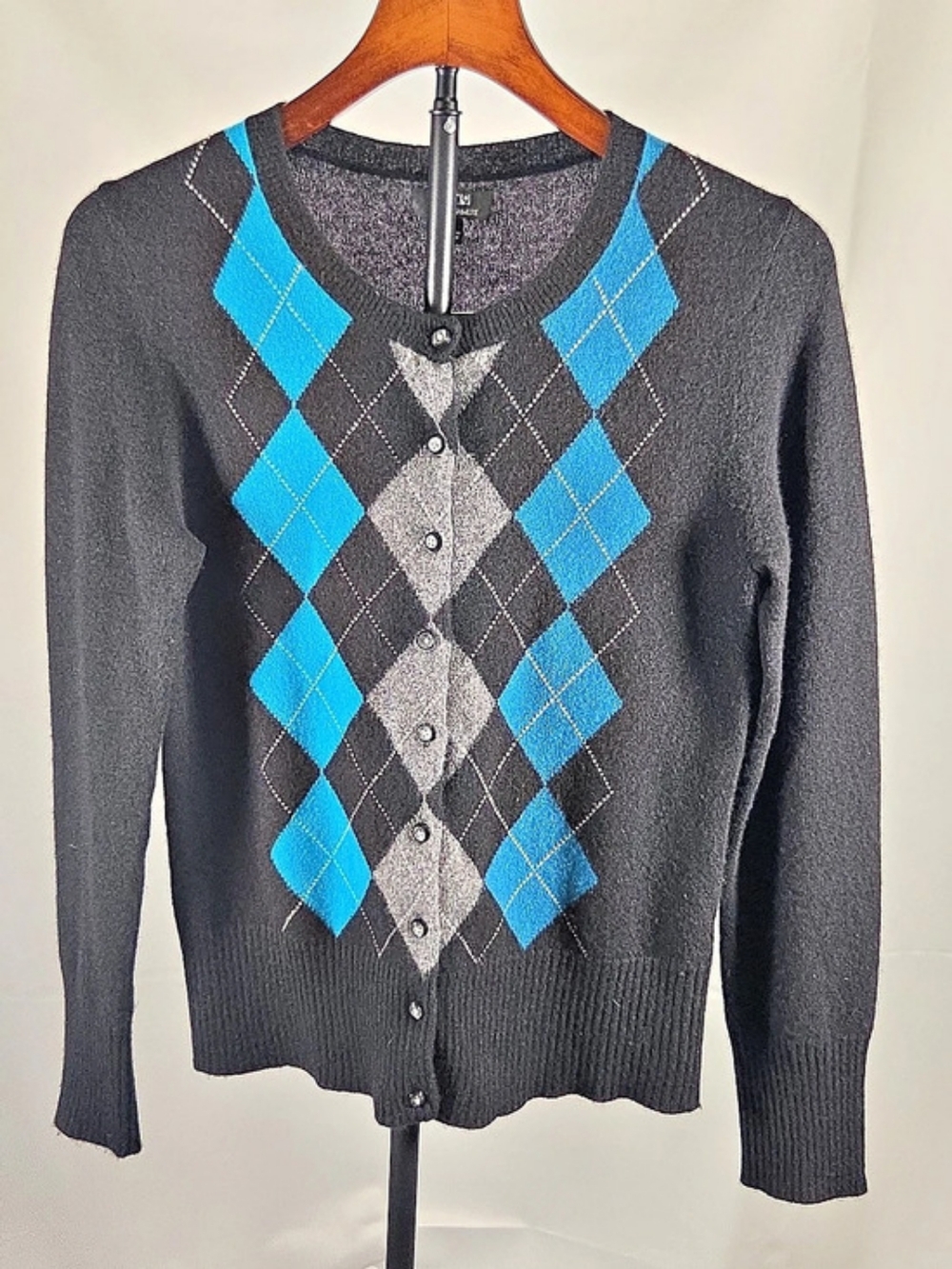 APT.9 Argyle Cashmere Cardigan in Black & Blue Size Small Like New
